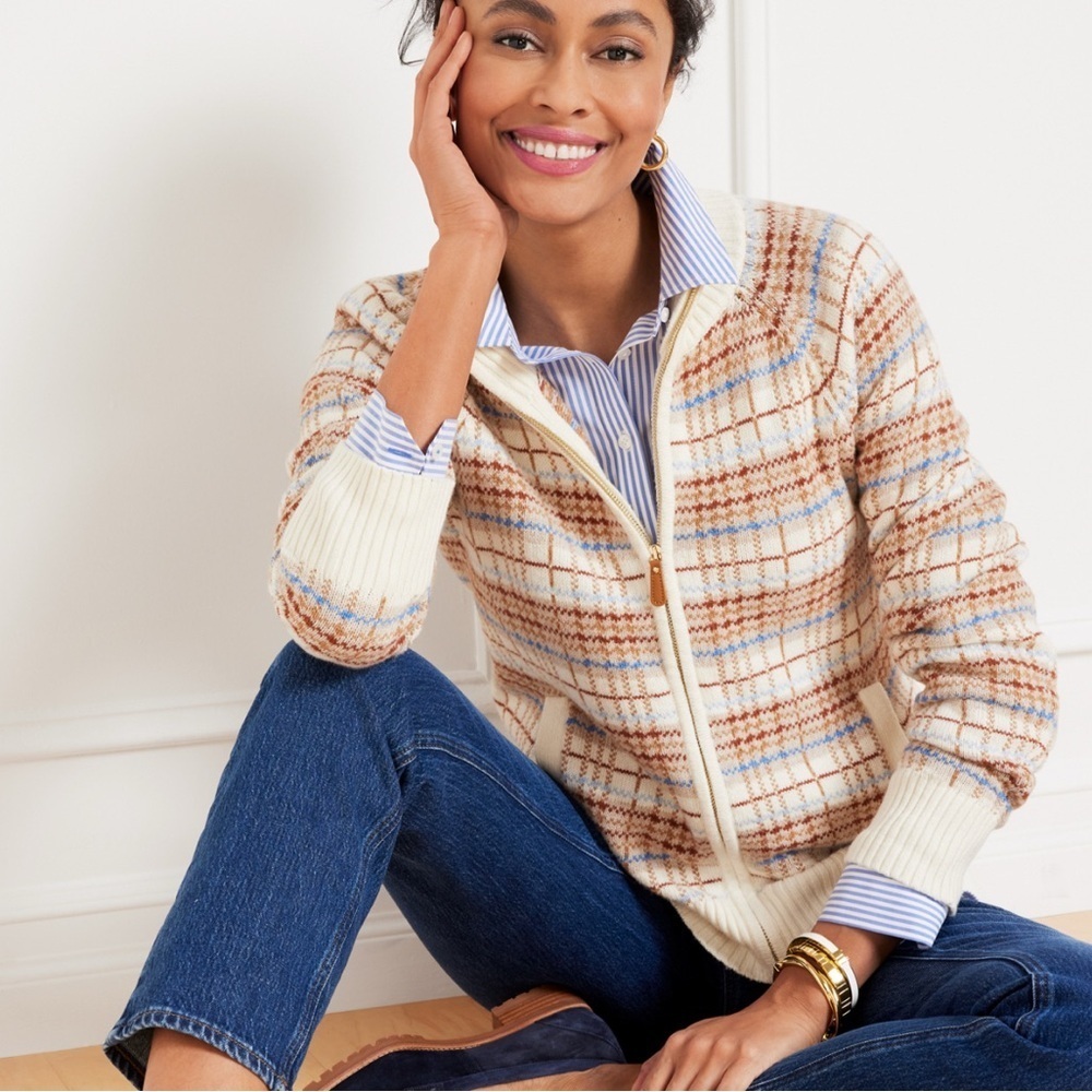 Talbots Zip Front Plaid Sweater Jacket Raglan Knit Brown Blue Small